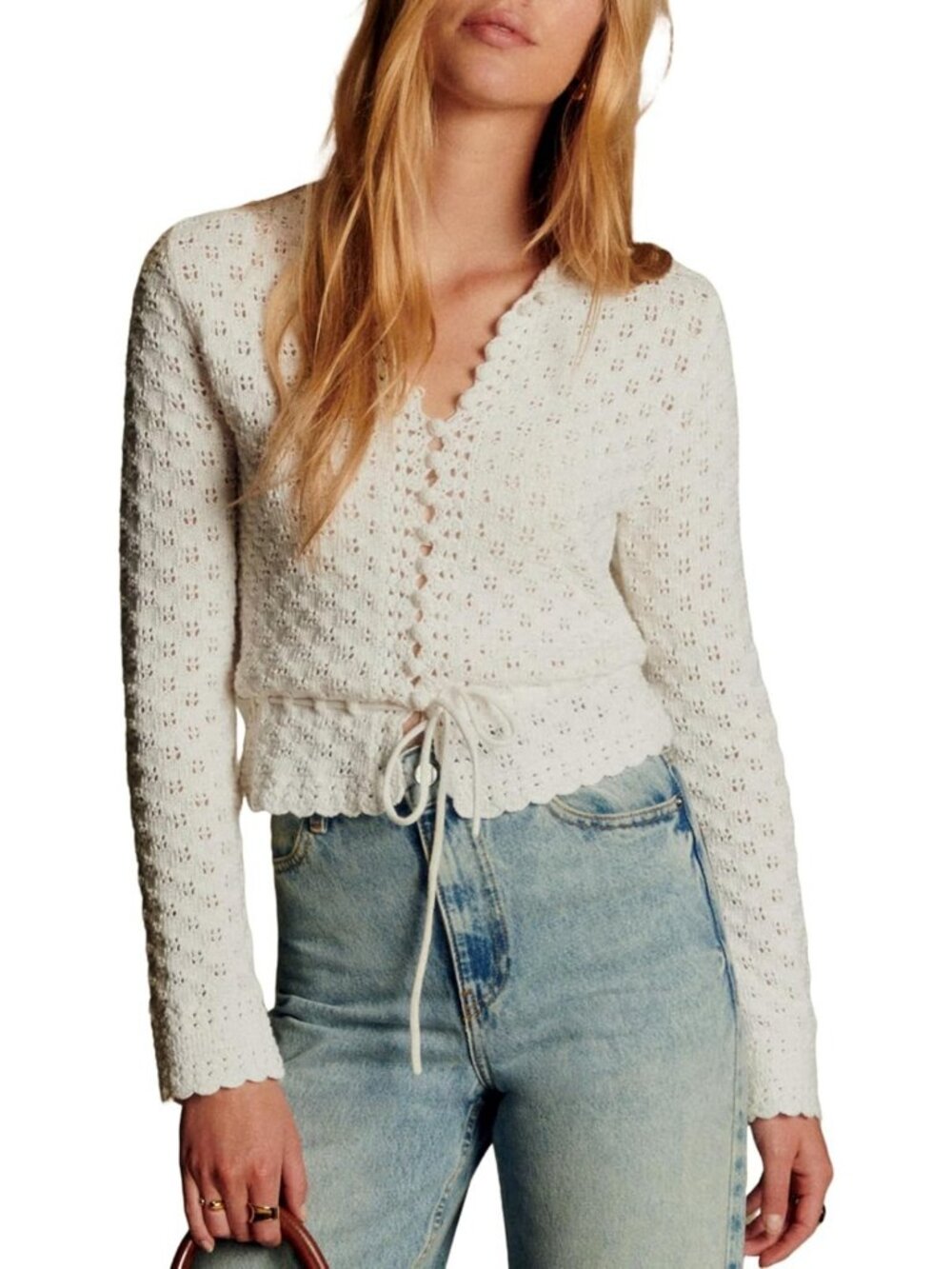 Lightweight Crochet Cardigan for Women | Long Sleeve Tie Front Knit Sweater Top